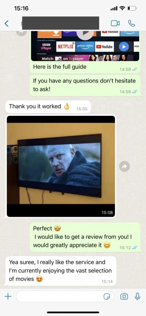 WhatsApp support chat conversation showing quick IPTV subscription activation