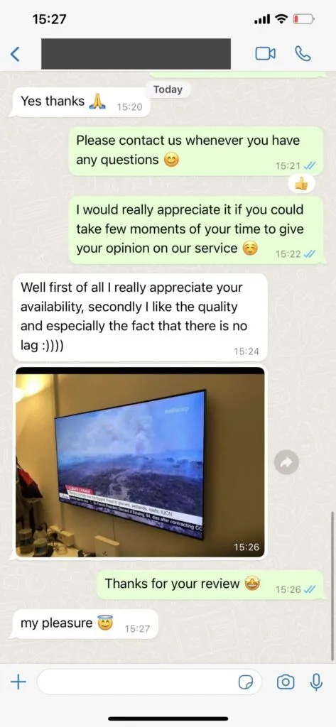 WhatsApp customer feedback confirming smooth 4K football match streaming